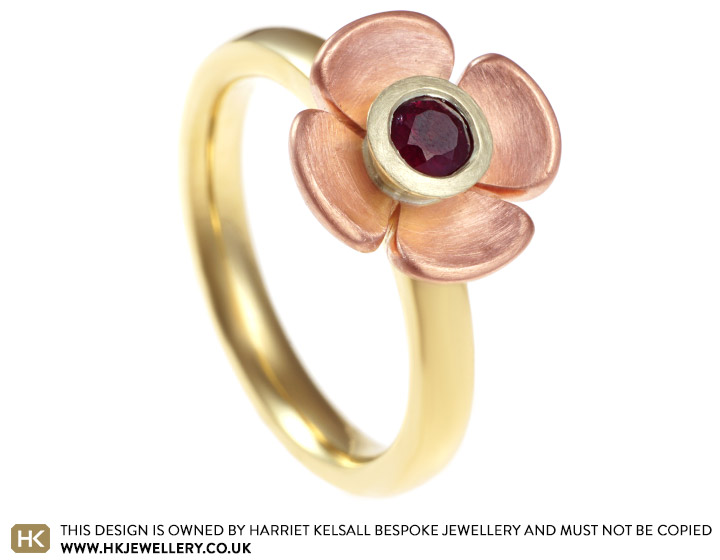 Sophie's bespoke poppy inspired ruby and gold engagement ring