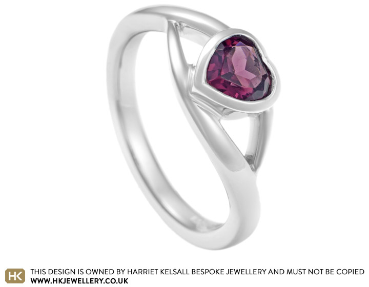 Laura's heart cut rhodolite garnet and platinum engagement ring