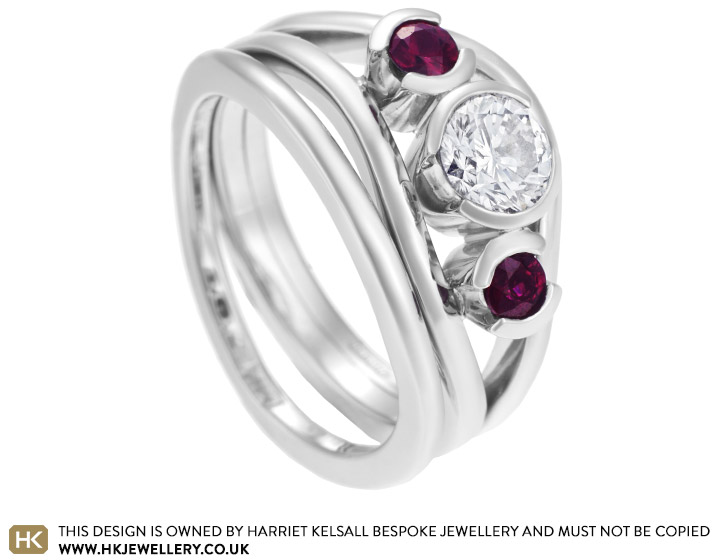 Bespoke multi band platinum, ruby and diamond engagement ring