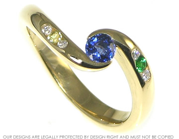 Colourful 18ct yellow gold engagement ring with gemstones