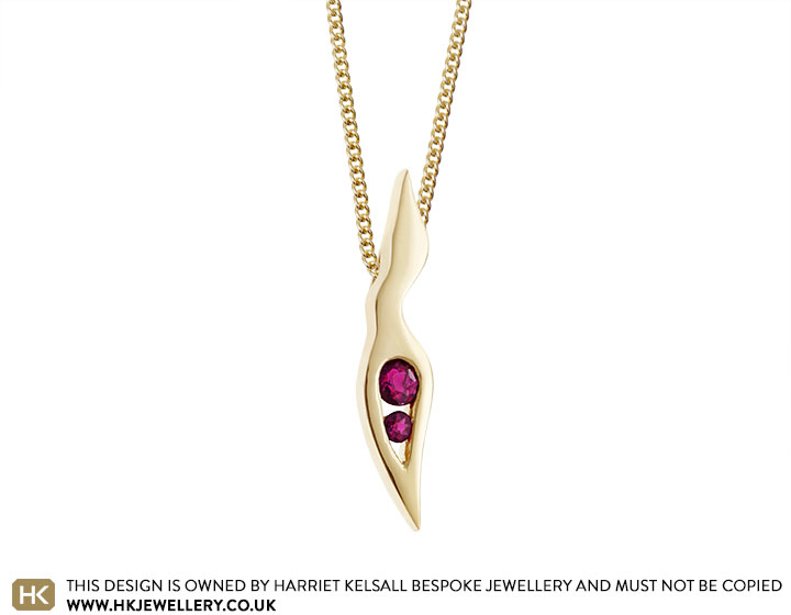 Fiona's Heron inspired 18 carat yellow gold and ruby pendant