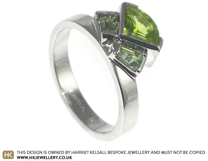 Art Deco style palladium, peridot and sapphire engagement ring