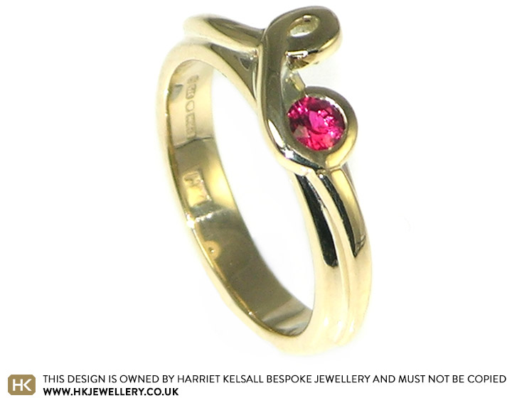 9ct yellow gold and spinel engagement ring inspired by the letter 'R'