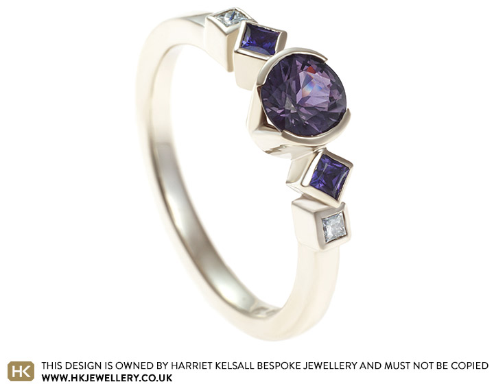 Fairtrade 9ct white gold engagement ring with purple spinel, sapphires and diamonds