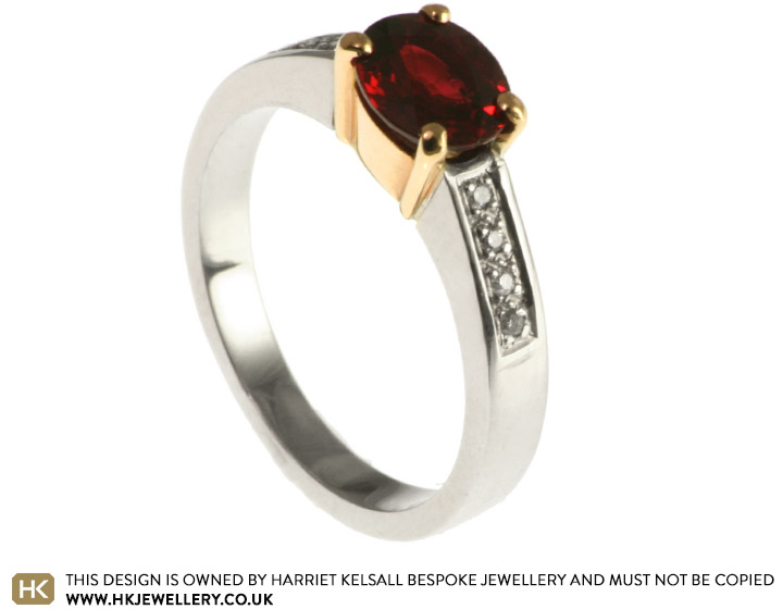 Oval shaped bright red spinel, diamond and mixed metal engagement ring