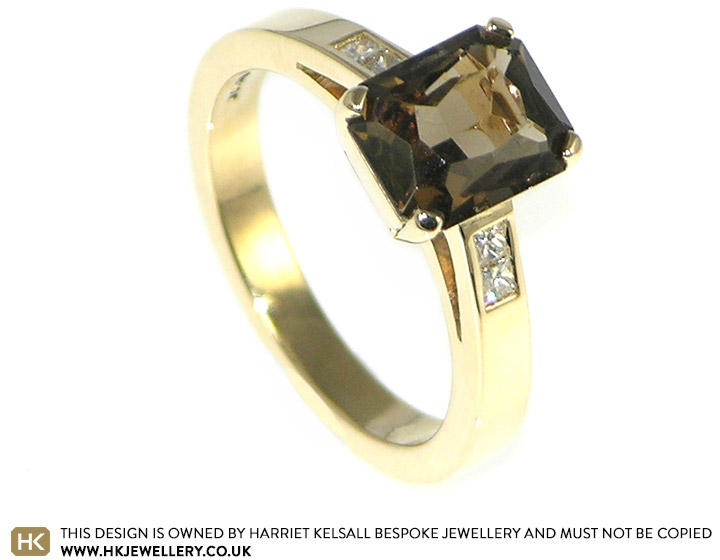 Hannah's yellow gold engagement ring with custom cut smoky quartz