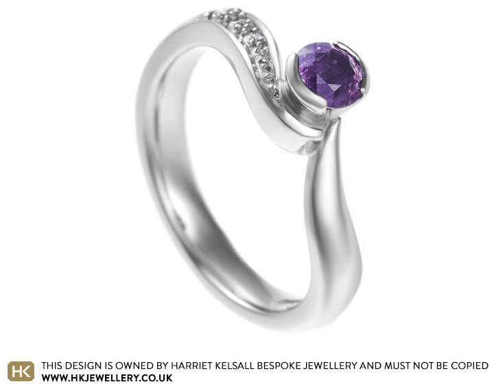 Gareth's surprise purple sapphire and diamond twist style engagement ring