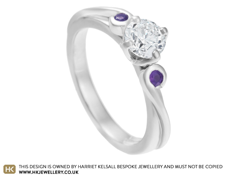 Bethany's unique diamond and purple sapphire twist engagement ring