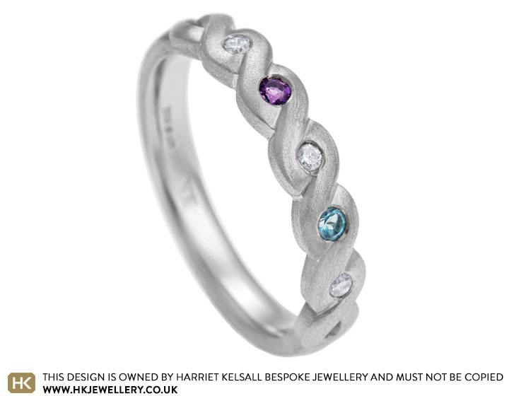 Ann's Platinum, diamond, amethyst and aquamarine twist ring