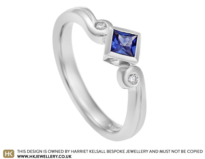 Nicola's princess cut blue sapphire and diamond engagement ring