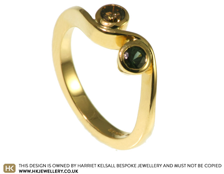 18ct yellow gold 'Autumn' inspired engagement ring with cognac diamond and green sapphire