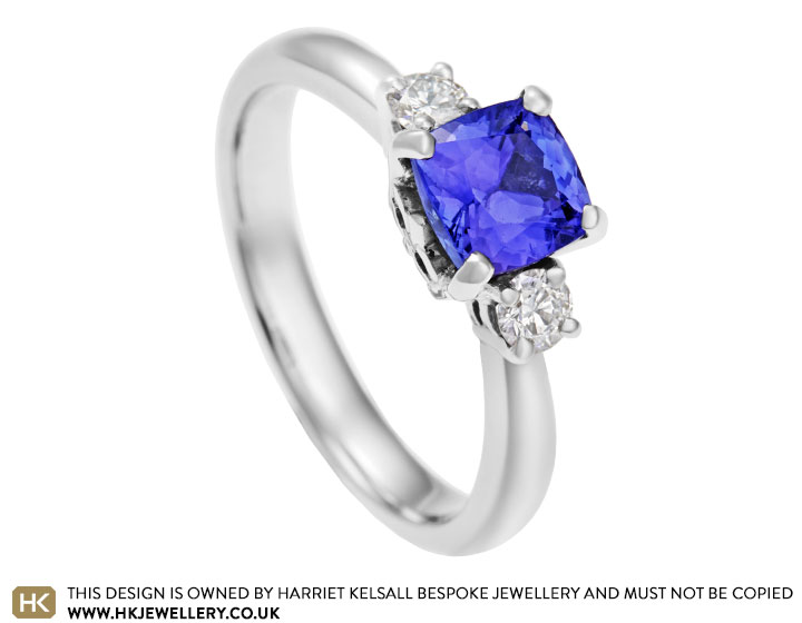 Gerri's cushion cut tanzanite 'fleur-de-lis' engagement ring