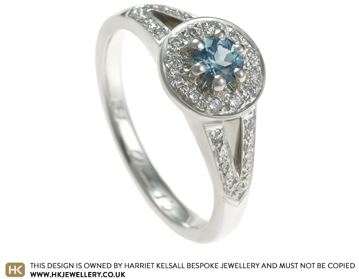 Katy's beautiful white gold and sapphire halo split engagement ring 