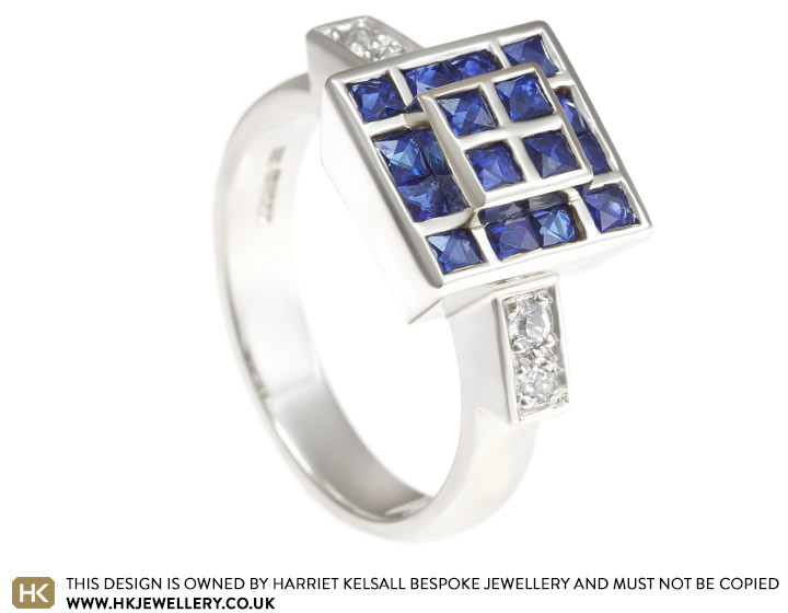 Sarah's Art Deco inspired white gold sapphire and diamond engagement ring