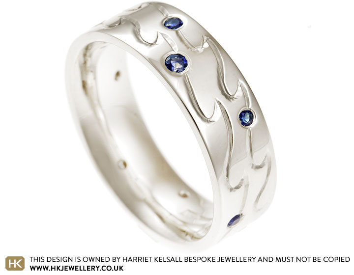 Tyler's wave inspired Fairtrade 9 carat white gold and sapphire wedding band