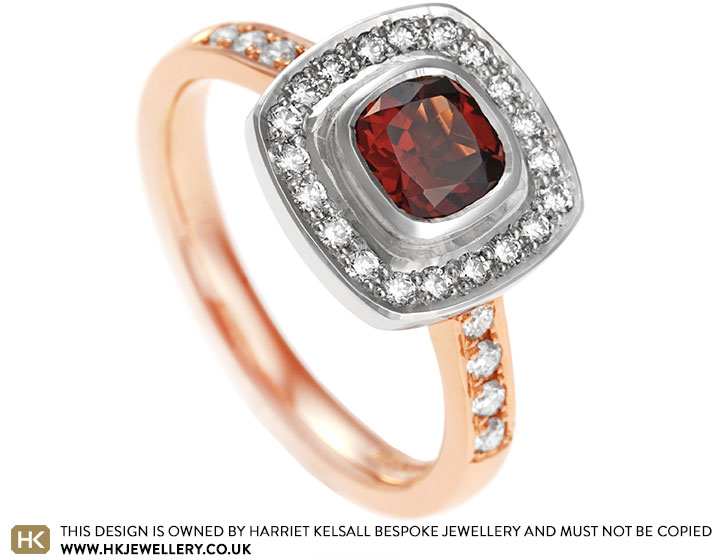 Verity's Cushion Cut Garnet and Diamond Halo Engagement Ring