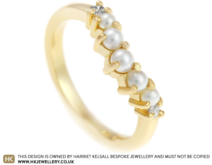 Laura's Fairtrade 18 carat gold wedding ring with pearls and diamonds