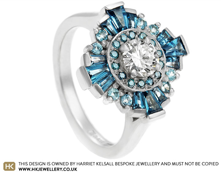 Tyler's palladium, diamond and topaz engagement ring