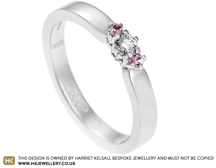 Linda's trilogy engagement ring with diamond and pink sapphires