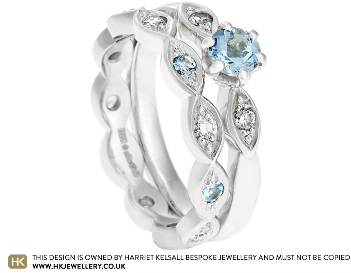 Clare's Aquamarine and Diamond Grain Set Marquise Wedding Band