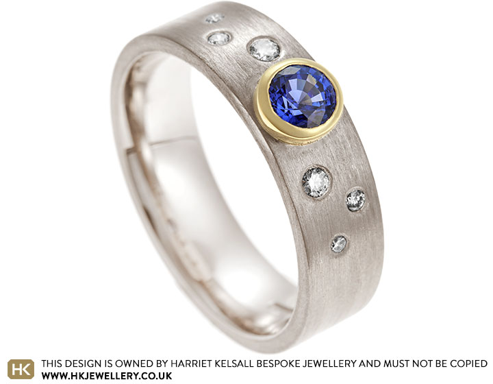 Helen's mixed metal engagement ring with sapphire and diamonds