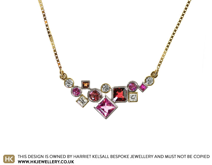 Sue's Fairtrade gold necklace with ruby, sapphire, spinel and diamond