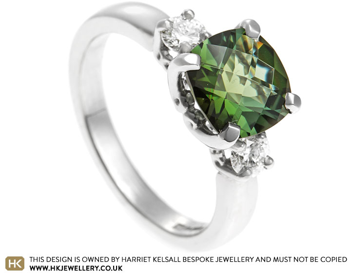 Jade's chequered green tourmaline and diamond engagement ring