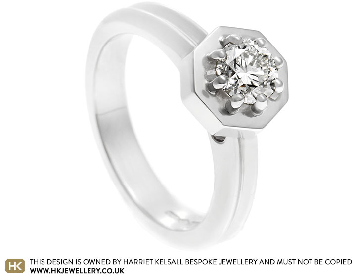 Monika's modern platinum and diamond engagement ring with octagonal plate