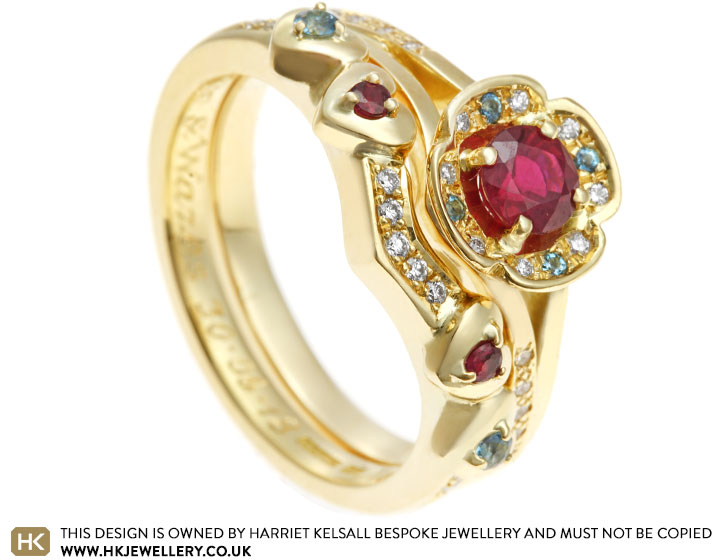 Yasmine's fitted 18 carat yellow gold and coloured gemstone wedding ring