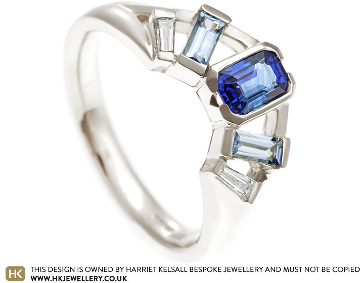 Annie's blue sapphire and diamond Art Deco fan inspired dress ring