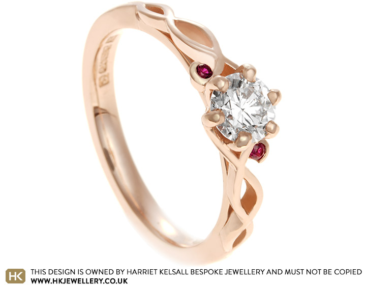 Kimberley's Fairtrade 9 carat rose gold engagement ring with diamond and ruby