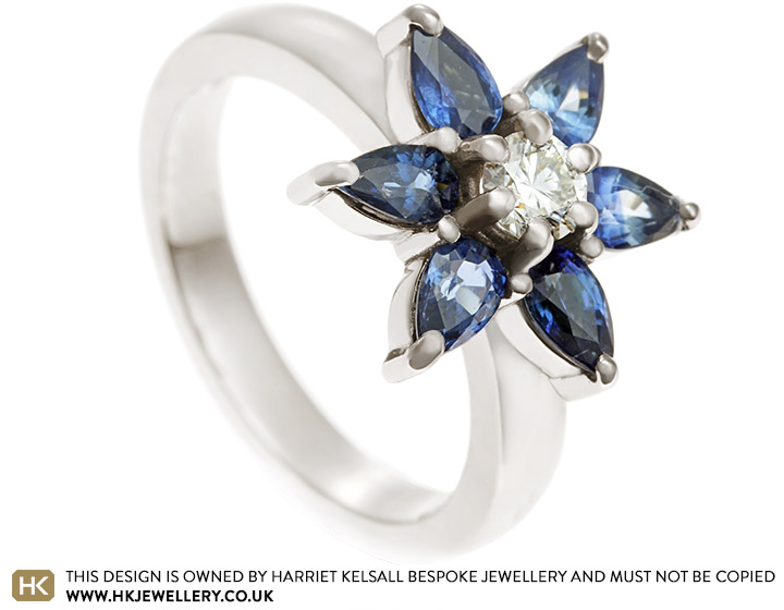 Lesley's Flower Inspired Pear Cut Sapphire and Diamond Dress Ring