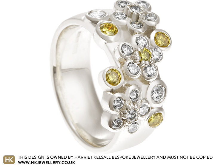 Amina's Floral Dress Ring with Yellow and White Diamonds