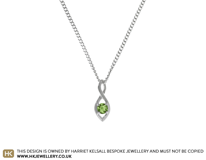 Fairtrade sterling silver infinity twist pendant claw set with a 4mm brilliant cut peridot