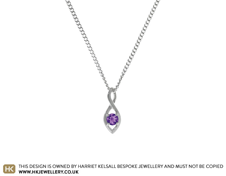 Fairtrade sterling silver infinity twist pendant claw set with a 4mm brilliant cut amethyst