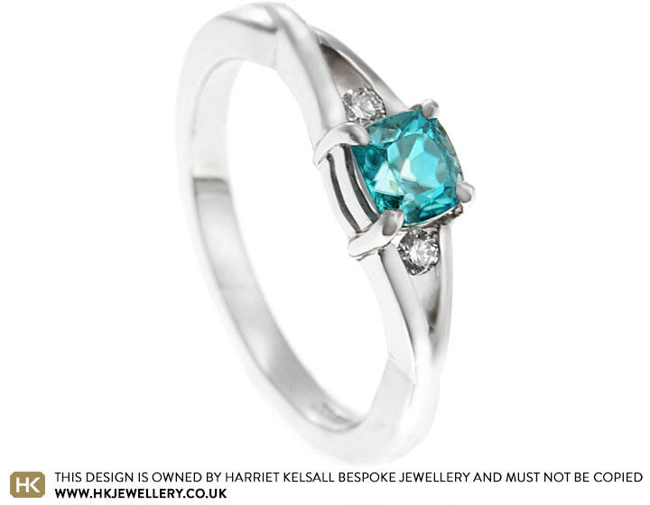 Sophie's palladium and cushion cut blue zircon engagement ring