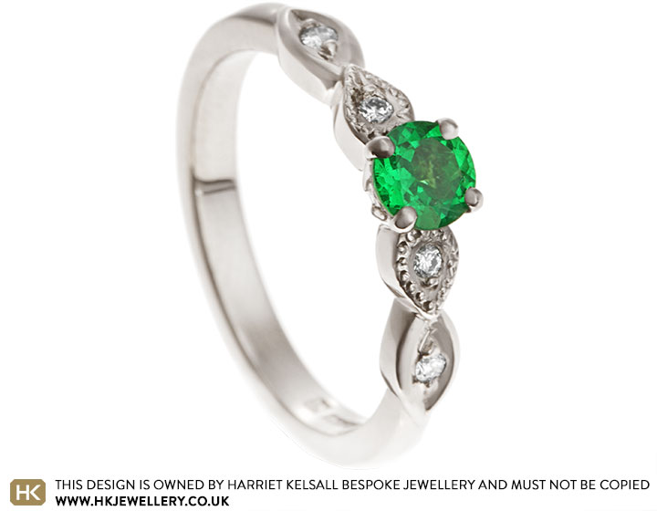 Tsavorite and Diamond Engagement Ring with Vintage Details