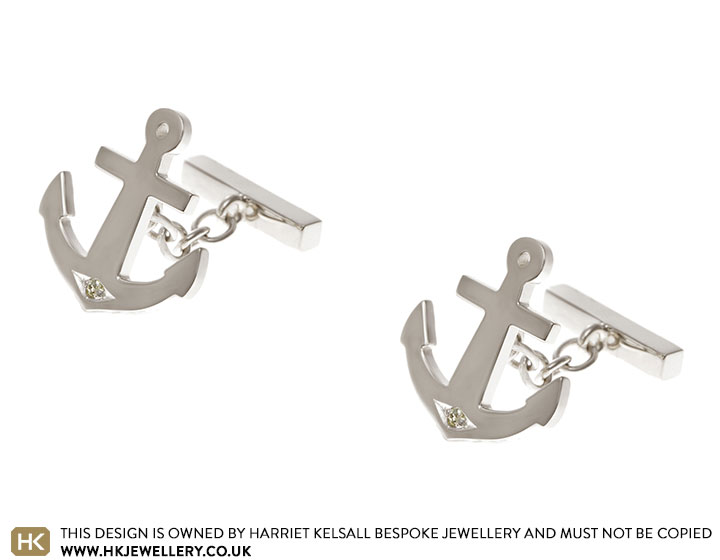 9ct White Gold and Diamond Anchor Cufflinks