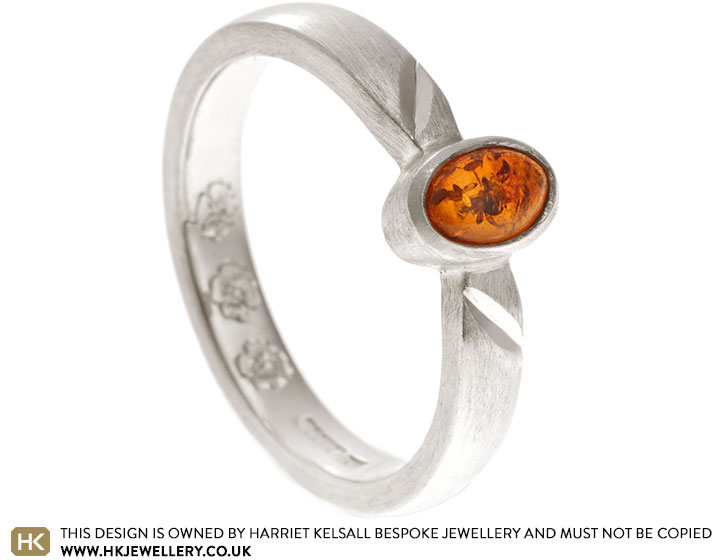 Kerry's 9ct White Gold Amber Ring with Poppy Engraving