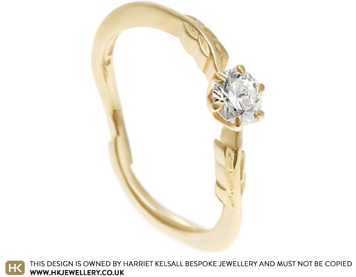 Leaf inspired Fairtrade 9 carat yellow gold engagement ring with 0.30ct round brilliant cut G-H VS 1-2 diamond