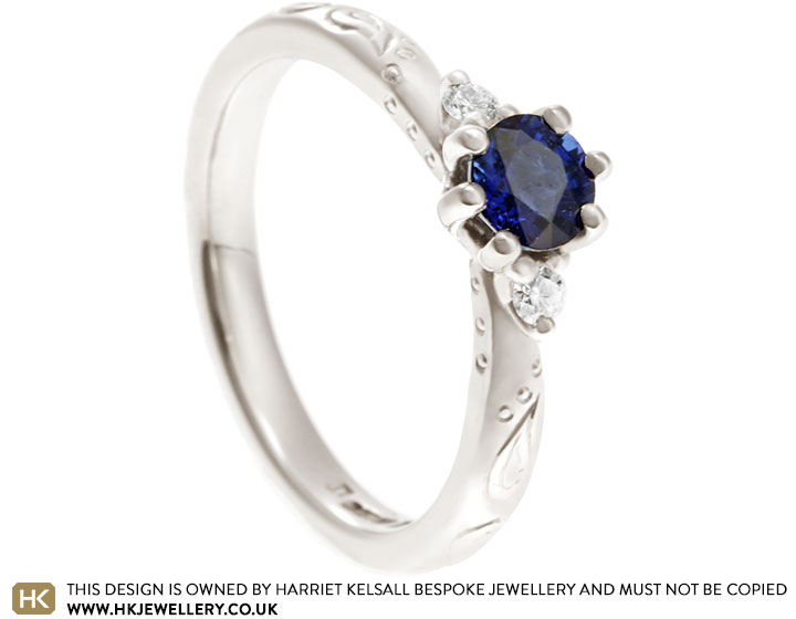 Paisley Inspired Fairtrade 9 carat white gold sapphire and diamond engagement ring