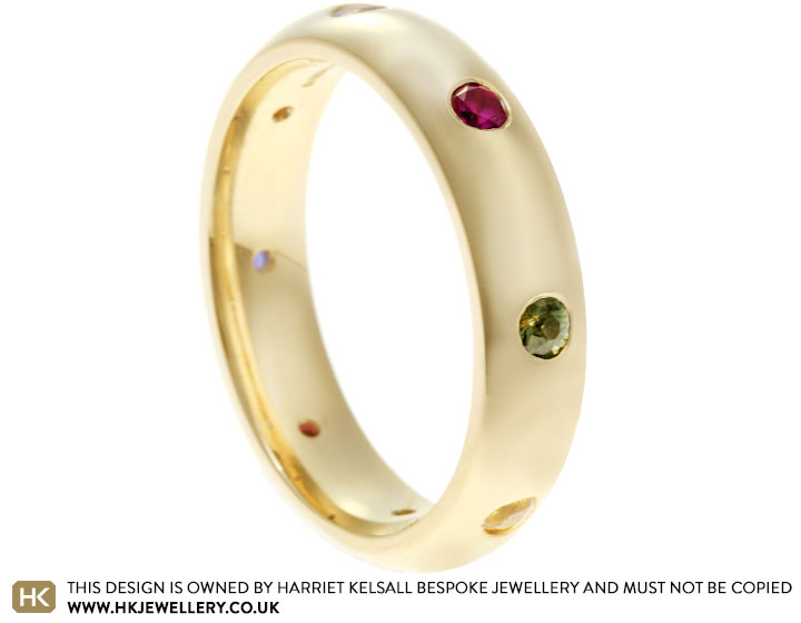 Julie's 9 carat yellow gold multicoloured sapphire and ruby dress ring