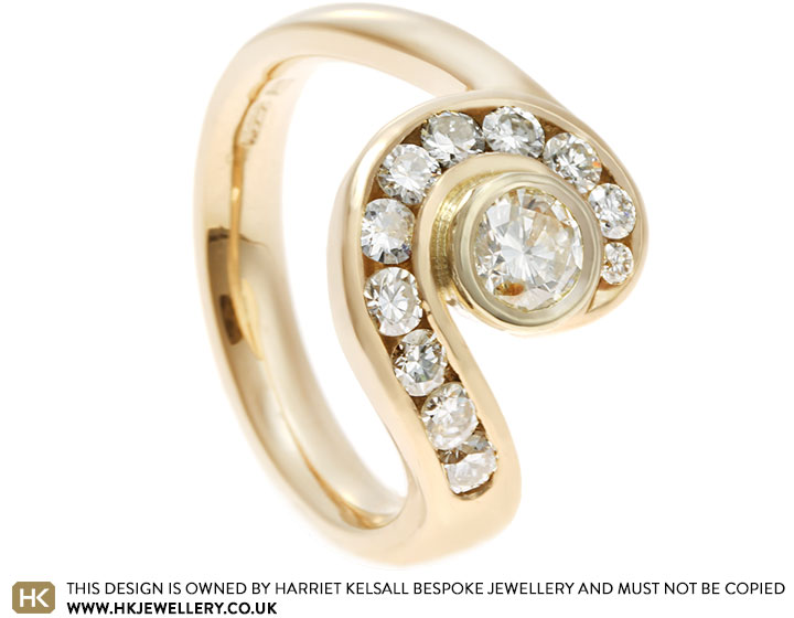 Sue's beautiful diamond and yellow gold swirl dress ring