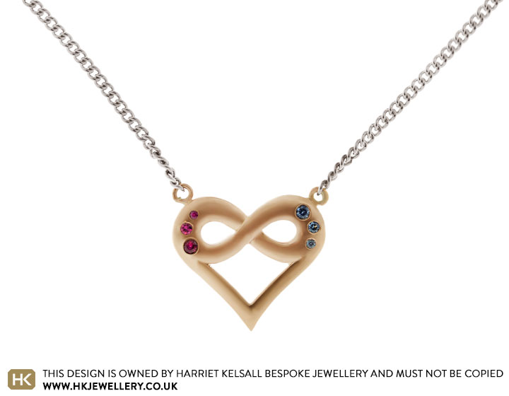 Jo's 9ct Rose Gold Infinity Heart Pendant with Sapphires and Rubies