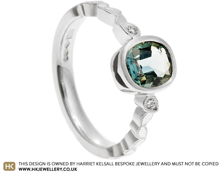 Kimberley's Botanical Inspired Platinum Cushion Cut Teal Sapphire Engagement Ring