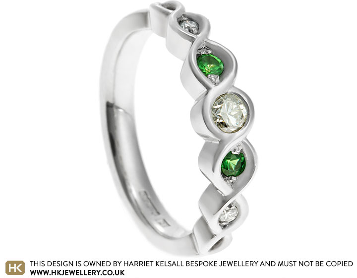 Flo's Recycled Platinum Diamond and Tsavorite Twisting Engagement Ring