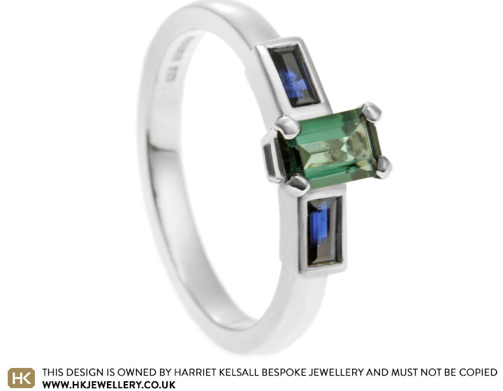 Palladium Emerald Cut Tourmaline and Sapphire Engagement Ring