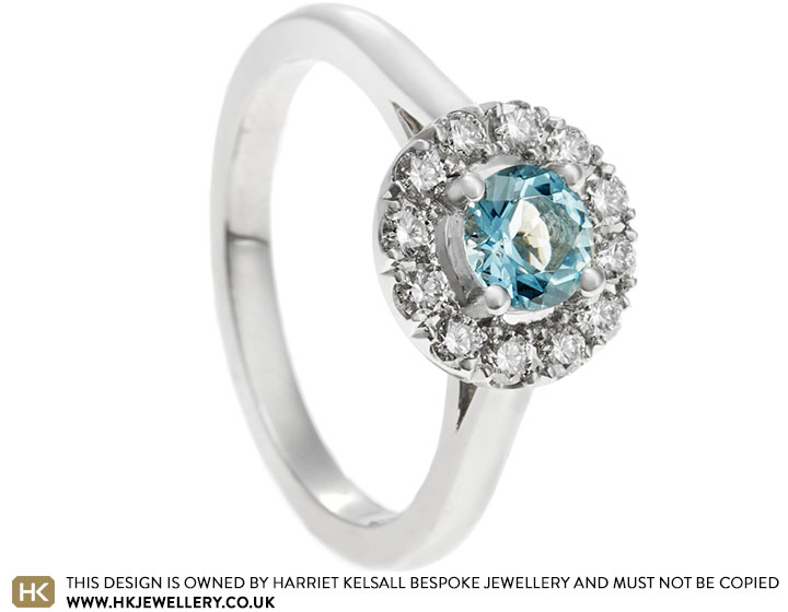 Platinum Aquamarine and Diamond Halo Engagement Ring