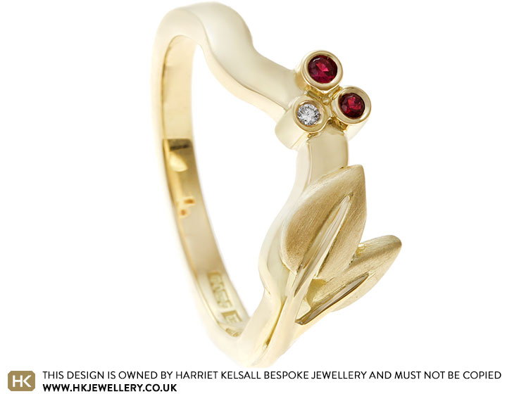 18ct Yellow Gold Diamond and Ruby Leaf Eternity Ring