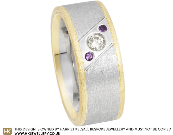 Peter's Mixed Metal, Mixed Finish, Diamond and Amethyst Wedding Ring